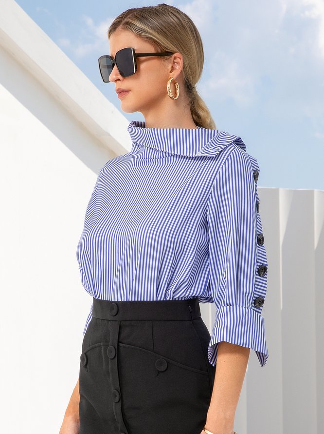 Casual High Neck Striped Long Sleeve Top