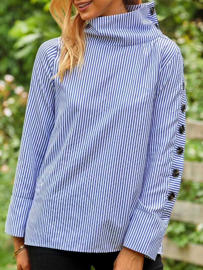 Casual High Neck Striped Long Sleeve Top