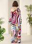 Abstract Stripes Loose One Shoulder Vacation Dress With No