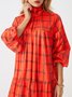 Lantern Sleeve Turtleneck Plaid Elegant Midi Dress