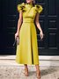 Elegant Stand Collar Plain Regular Fit Midi Dress
