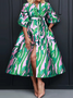 Elegant Loose Stand Collar Short sleeve Abstract Midi Dress With Belt